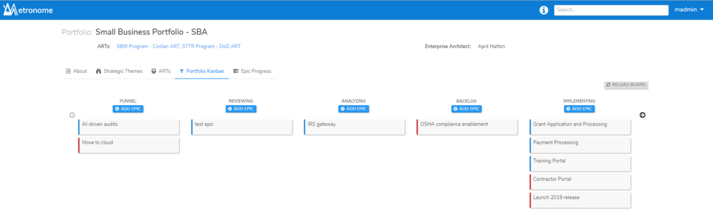 Metronome's SAFe Portfolio Kanban