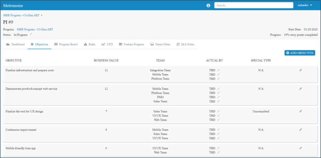 PI Planning - Teams can easily enter their PI Objectives