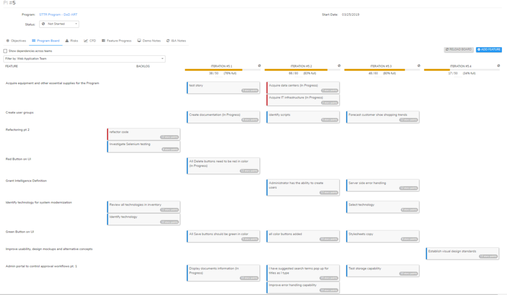 PI Planning - Program Board - Set Capacity, View and add features, break down features into stories